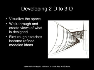 Developing 2-D to 3-D Visualize the space Walk-through and create views of what is designed First rough sketches become refined modeled ideas  