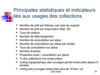 Principales statistiques et indicateurs
liés aux usages des collections
    Nombre de prêt par thèmes, par type de support
    Nombre de prêt par emprunteur (Nat. 35)
    Taux de rotation
    Nombre de téléchargement
    Nombre de consultation sur place
    Nombre de consultation sur place par entrée
    Taux de consultation sur place
    Nombre d’entrée
    Proportion prêts / consultation sur place
    % des collections non-empruntées
    Listing topographique des ouvrages jamais empruntés depuis X
     années
    Listing des ouvrages empruntés plus de 10 fois / an
                            Joëlle Muller                     25
 