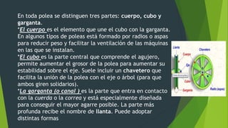 En toda polea se distinguen tres partes: cuerpo, cubo y
garganta.
*El cuerpo es el elemento que une el cubo con la garganta.
En algunos tipos de poleas está formado por radios o aspas
para reducir peso y facilitar la ventilación de las máquinas
en las que se instalan.
*El cubo es la parte central que comprende el agujero,
permite aumentar el grosor de la polea para aumentar su
estabilidad sobre el eje. Suele incluir un chavetero que
facilita la unión de la polea con el eje o árbol (para que
ambos giren solidarios).
*La garganta (o canal ) es la parte que entra en contacto
con la cuerda o la correa y está especialmente diseñada
para conseguir el mayor agarre posible. La parte más
profunda recibe el nombre de llanta. Puede adoptar
distintas formas
 