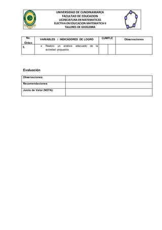 UNIVERSIDAD DE CUNDINAMARCA
FACULTAD DE EDUCACION
LICENCIATURA EN MATEMATICAS
ELECTIVA EN EDUCACION MATEMATICA II
TALLERES DE GEOGEBRA
No.
Orden
VARIABLES / INDICADORES DE LOGRO CUMPLE Observaciones
5.  Realizo un análisis adecuado de la
actividad propuesta.
Evaluación
Observaciones:
Recomendaciones:
Juicio de Valor (NOTA):
 