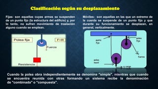 Cuando la polea obra independientemente se denomina "simple", mientras que cuando
se encuentra reunida con otras formando un sistema recibe la denominación
de "combinada" o "compuesta".
Clasificación según su desplazamiento
Fijas: son aquellas cuyas armas se suspenden
de un punto fijo (la estructura del edificio) y, por
lo tanto, no sufren movimiento de traslación
alguno cuando se emplean.
Móviles: son aquellas en las que un extremo de
la cuerda se suspende de un punto fijo y que
durante su funcionamiento se desplazan, en
general, verticalmente.
 