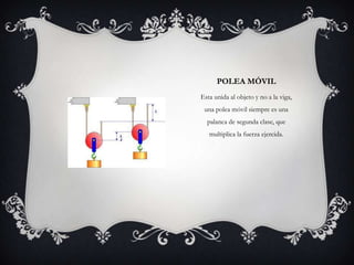 POLEA MÓVIL
Esta unida al objeto y no a la viga,
 una polea móvil siempre es una
  palanca de segunda clase, que
   multiplica la fuerza ejercida.
 