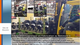 Depuis début Mars 2018, dans le cadre de l’Intégration de la Logistique en Fabrication, la fonction
« Décrochage Moteur » a été mutualisée avec la logistique de gestion du MPF. Le cariste réalise ainsi
l’ensemble des opérations entre le décrochage moteur, l’édition des cartes Gallia et la mise en MPF du
berceau. Bravo aux équipes logistique pour cette mise en œuvre.
 