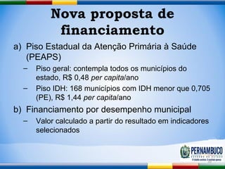 Nova proposta de financiamento Piso Estadual da Atenção Primária à Saúde (PEAPS) Piso geral: contempla todos os municípios do estado, R$ 0,48  per capita /ano Piso IDH: 168 municípios com IDH menor que 0,705 (PE), R$ 1,44  per capita /ano Financiamento por desempenho municipal Valor calculado a partir do resultado em indicadores selecionados 
