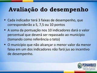 Avaliação do desempenho Cada indicador terá 3 faixas de desempenho, que corresponderão a 5, 7,5 ou 10 pontos A soma da pontuação nos 10 indicadores dará o valor percentual que deverá ser repassado ao município (tomando como referência o teto) O município que não alcançar o menor valor da menor faixa em um dos indicadores não fará jus ao incentivo de desempenho. 