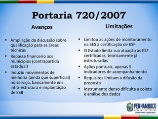 Portaria 720/2007 Avanços Ampliação da discussão sobre qualificação para as áreas técnicas Repasse financeiro aos municípios (contrapartida estadual) Induziu movimentos de melhoria (ainda que superficial) no serviço, basicamente em infra-estrutura e implantação de ESB Limitações Limitou as ações de monitoramento na SES à certificação de ESF O Estado limita sua atuação às ESF certificadas, teoricamente já estruturadas Ações pontuais, apenas 5 indicadores de acompanhamento Requisitos limitam a difusão da proposta Instrumento denso dificulta a coleta e análise dos dados 