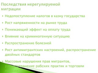 Недопоступление налогов в казну государства Рост напряженности на рынке труда Понижающий эффект на оплату труда Влияние на криминогенную ситуацию Распространение болезней Рост антимигрантских настроений, распространение двойных стандартов Массовые нарушения прав мигрантов, распространение рабских практик и торговли людьми  