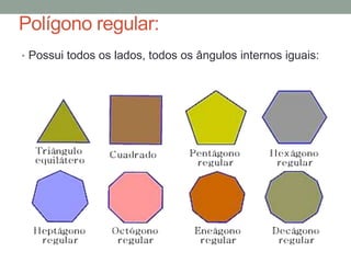 Polígono regular:
• Possui todos os lados, todos os ângulos internos iguais:
 