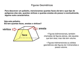 Figuras Geométricas
Para descrever um poliedro, mencionamos quantas faces ele tem e que tipo de
polígonos elas são, quantos vértices e quantas arestas ele possui e eventualmente,
alguma outra característica.
Veja este poliedro.
Ele tem quantas faces, arestas e vértices?
• Figuras bidimensionais, também
chamadas de figuras planas, são aquelas
que tem área, mas não tem volume.
• Figuras tridimensionais ou sólidos
geométricos são figuras de 3 dimensões e
possui volume.
 