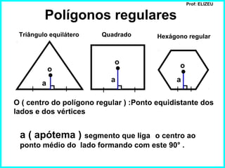 Prof: ELIZEU 
Polígonos regulares 
Triângulo equilátero Quadrado Hexágono regular 
o 
o o 
a a a 
O ( centro do polígono regular ) :Ponto equidistante dos 
lados e dos vértices 
a ( apótema ) segmento que liga o centro ao 
ponto médio do lado formando com este 90° . 
 
