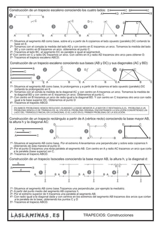 Construcción de un trapecio escaleno conociendo los cuatro lados: D C 
C C 
A E B 
A B 
D B 
A C 
A B E A B E 
A B 
A h D 
A D 
B C 
A B 
D C 
A E B 
D 
A E B 
D C 
D C 
D C 
D C 
1 2 3 4 5 
TRAPECIOS: Construcciones 
C 
A E B 
1 A E B 
2 3 4 5 
1º- Situamos el segmento AB como base, sobre el y a partir de A copiamos el lado opuesto (paralelo) DC cortando la 
base en E. 
2º- Tomamos con el compás la medida del lado AD y con centro en E trazamos un arco. Tomamos la medida del lado 
BC y con centro en B trazamos un arco. obtenemos el punto C. 
3º- Trazamos el lado BC. el segmento EC es paralelo e igual al segmentoA. 
4º Con centro en C y radio DC trazamos un arco. Con centro en A y radio AD trazamos otro arco para obtener D. 
5º- Trazamos el trapecio escaleno ABCD. 
Construcción de un trapecio escaleno conociendo sus bases (AB y DC) y sus diagonales (AC y BD): 
D C 
C 
A B E 
A B E 
1 
2 3 4 
1º- Situamos el segmento AB como base, lo prolongamos y a partir de B copiamos el lado opuesto (paralelo) DC 
cortando la prolongación en E. 
2º- Tomamos con el comás la medida de la diagonal AC y con centro en A trazamos un arco. Tomamos la medida de 
la diagonal BD y con centro en E trazamos un arco. Obtenemos el punto C. 
3º- Con centro en B trazamos un arco de radio igual a la diagonal BD. Y con centro en C trazamos otro arco con radio 
igual a la base superior DC. Obtenemos el punto D 
4º- Trazamos el trapedio ABCD. 
EN AMBOS PROBLEMAS HEMOS REDUCIDO (SUMANDO LA BASE MENROR A LA MAYOR O RESTANDOLA) EL PROBLEMA A UN 
PROBLEMA SENCILLO DE TRIÁNGULOS. AL VOLVER AL PROBLEMA ORIGINAL ENCONTRAMOS LA SOLUCIÓN CONVIRTIENDO UN 
LADO DEL TRIÁNGULO INICIAL EN LA DIAGONAL (O EL LADO EN EL PRIMER PROBLEMA) DE LA SOLUCIÓN. 
Construcción de un trapecio rectángulo a partir de A (vértice recto) conociendo la base mayor AB, 
la altura h y la diagonal AC: 
A C 
A B 
A B 
D 
A B 
1º- Situamos el segmento AB como base. Por el extremo A levantamos una perpendicular y sobre esta copiamos h 
obteniendo de esta manera el punto D. 
2º- Por el punto D trazamos una recta paralela al segmento AB. Con centro en A y radio AC trazamos un arco que corta 
a la paralela (base superior) en C. 
3º- Trazamos el trapecio ABCD. 
1 2 3 
Construcción de un trapecio Isosceles conociendo la base mayor AB, la altura h, y la diagonal d: 
h 
d 
A B 
D C 
A B A B A B A B 
1º- Situamos el segmento AB como base.Trazamos una perpendicular, por ejemplo la mediatriz. 
2º- A partir del punto medio del segmento AB copiamos h. 
3º- Por el extremo superior de h trazamos una paralela al segmento AB. 
4º- Con radio igual a la diagonal dada y con centros en los extremos del segmento AB trazamos dos arcos que cortan 
a la paralela de la base, obteniendo los puntos C y D 
5º- Trazamos el trapecio ABCD. 
 