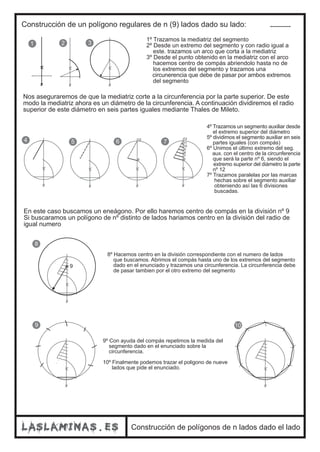 Construcción de un polígono regulares de n (9) lados dado su lado: 
1 2 3 
1º Trazamos la mediatriz del segmento 
2º Desde un extremo del segmento y con radio igual a 
este. trazamos un arco que corta a la mediatriz 
3º Desde el punto obtenido en la mediatriz con el arco 
hacemos centro de compás abriendolo hasta no de 
los extremos del segmento y trazamos una 
circunerencia que debe de pasar por ambos extremos 
del segmento 
Nos aseguraremos de que la mediatriz corte a la circunferencia por la parte superior. De este 
modo la mediatriz ahora es un diámetro de la circunferencia. A continuación dividiremos el radio 
superior de este diámetro en seis partes iguales mediante Thales de Mileto. 
4 5 6 7 
En este caso buscamos un eneágono. Por ello haremos centro de compás en la división nº 9 
Si buscaramos un polígono de nº distinto de lados hariamos centro en la división del radio de 
igual numero 
8 
12 
6 
12 
11 
10 
9 
8 
7 
6 
4º Trazamos un segmento auxiliar desde 
el extremo superior del diámetro 
5º dividimos el segmento auxiliar en seis 
partes iguales (con compás) 
6º Unimos el último extremo del seg. 
aux. con el centro de la circunferencia 
que será la parte nº 6, siendo el 
extremo superior del diámetro la parte 
nº 12 
7º Trazamos paralelas por las marcas 
hechas sobre el segmento auxiliar 
obteniendo así las 6 divisiones 
buscadas. 
9 10 
Construcción de polígonos de n lados dado el lado 
9 
8º Hacemos centro en la división correspondiente con el numero de lados 
que buscamos. Abrimos el compás hasta uno de los extremos del segmento 
dado en el enunciado y trazamos una circunferencia. La circunferencia debe 
de pasar tambien por el otro extremo del segmento 
9º Con ayuda del compás repetimos la medida del 
segmento dado en el enunciado sobre la 
circunferencia. 
10º Finalmente podemos trazar el poligono de nueve 
lados que pide el enunciado. 
 