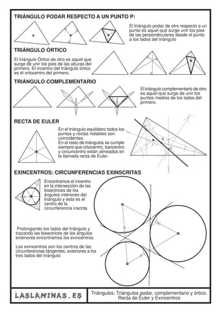 TRIÁNGULO PODAR RESPECTO A UN PUNTO P: 
El triángulo podar de otro respecto a un 
punto es aquel que surge unir los pies 
de las perpendiculares desde el punto 
a los lados del triángulo 
Triángulos: Triángulos podar, complementario y órtico. 
Recta de Euler y Exincentros 
TRIÁNGULO ÓRTICO 
El triángulo Órtico de otro es aquel que 
surge de unir los pies de las alturas del 
primero. El incentro del triángulo órtico 
es el ortocentro del primero. 
TRIÁNGULO COMPLEMENTARIO 
El triángulo complementario de otro 
es aquel que surge de unir los 
puntos medios de los lados del 
primero. 
RECTA DE EULER 
i 
o 
c 
b 
En el triángulo equilátero todos los 
puntos y rectas notables son 
coincidentes. 
En el resto de triángulos se cumple 
siempre que ortocentro, baricentro 
y circuncentro están alineados en 
la llamada recta de Euler. 
EXINCENTROS: CIRCUNFERENCIAS EXINSCRITAS 
Encontramos el incentro 
en la intersección de las 
bisectrices de los 
ángulos interiores del 
triángulo y esta es el 
centro de la 
circunferencia inscrita 
Prolongando los lados del triángulo y 
trazando las bisectrices de los ángulos 
exteriores encontramos los exincentros. 
Los exincentros son los centros de las 
circunferencias tángentes, exteriores a los 
tres lados del triángulo 
 