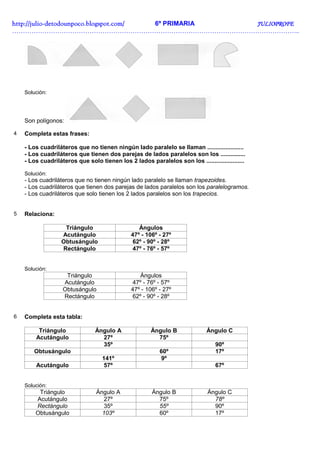 http://juliohttp://juliohttp://juliohttp://julio----detodounpoco.blogspot.com/detodounpoco.blogspot.com/detodounpoco.blogspot.com/detodounpoco.blogspot.com/ 6º PRIMARIA JULIOPROFEJULIOPROFEJULIOPROFEJULIOPROFE
……………………………………………………………………………………………………………………..
Solución:
Son polígonos:
4 Completa estas frases:
- Los cuadriláteros que no tienen ningún lado paralelo se llaman ......................
- Los cuadriláteros que tienen dos parejas de lados paralelos son los ...............
- Los cuadriláteros que solo tienen los 2 lados paralelos son los .......................
Solución:
- Los cuadriláteros que no tienen ningún lado paralelo se llaman trapezoides.
- Los cuadriláteros que tienen dos parejas de lados paralelos son los paralelogramos.
- Los cuadriláteros que solo tienen los 2 lados paralelos son los trapecios.
5 Relaciona:
Triángulo Ángulos
Acutángulo 47º - 106º - 27º
Obtusángulo 62º - 90º - 28º
Rectángulo 47º - 76º - 57º
Solución:
Triángulo Ángulos
Acutángulo 47º - 76º - 57º
Obtusángulo 47º - 106º - 27º
Rectángulo 62º - 90º - 28º
6 Completa esta tabla:
Triángulo Ángulo A Ángulo B Ángulo C
Acutángulo 27º 75º
35º 90º
Obtusángulo 60º 17º
141º 9º
Acutángulo 57º 67º
Solución:
Triángulo Ángulo A Ángulo B Ángulo C
Acutángulo 27º 75º 78º
Rectángulo 35º 55º 90º
Obtusángulo 103º 60º 17º
 