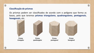 Classificação de prismas
Os prismas podem ser classificados de acordo com o polígono que forma as
bases, pelo que teremos prismas triangulares, quadrangulares, pentagonais,
hexagonais, etc.
 