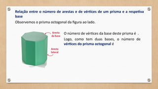 Relação entre o número de arestas e de vértices de um prisma e a respetiva
base
Observemos o prisma octogonal da figura ao lado.
O número de vértices da base deste prisma é .
Logo, como tem duas bases, o número de
vértices do prisma octogonal é
 