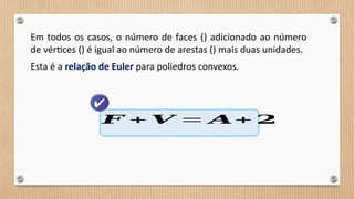 Em todos os casos, o número de faces () adicionado ao número
de vértices () é igual ao número de arestas () mais duas unidades.
Esta é a relação de Euler para poliedros convexos.
𝑭 + 𝑽 = 𝑨+ 𝟐
 