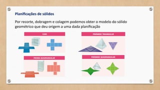 Planificações de sólidos
Por recorte, dobragem e colagem podemos obter o modelo do sólido
geométrico que deu origem a uma dada planificação
 