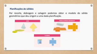 Planificações de sólidos
Por recorte, dobragem e colagem podemos obter o modelo do sólido
geométrico que deu origem a uma dada planificação.
 