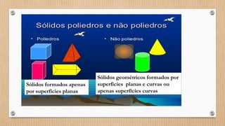 Sólidos formados apenas
por superfícies planas
Sólidos geométricos formados por
superfícies planas e curvas ou
apenas superfícies curvas
 