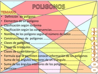 • Definición de polígono
• Elementos de un polígono
• Clasificación según su forma
• Clasificación según las congruencias………………………………………
• Nombre de los polígono según el número de lados ………………
• Construcciones de polígonos ………………………………………………….
• Clases de polígonos ………………………………………………………………..
• Clases de triángulos……………………………………………………………..…
• Clases de cuadriláteros………………………………………………………………..
• Formula que te permiten conocer información de los polígonos
Suma de los ángulos interiores de un triángulo………………………
• Suma de los ángulos interiores de los polígonos ….……………….
• Ejercicios …………………………………………………………………………….
 