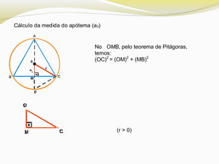 Cálculo da medida do apótema (a3)
No OMB, pelo teorema de Pitágoras,
temos:
(OC)2
= (OM)2
+ (MB)2
(r > 0)
 