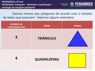 MATEMÁTICA, 6º Ano
POLÍGONOS: triângulos – definição e classificação –
resolução de situações problemas
Damos nomes aos po...