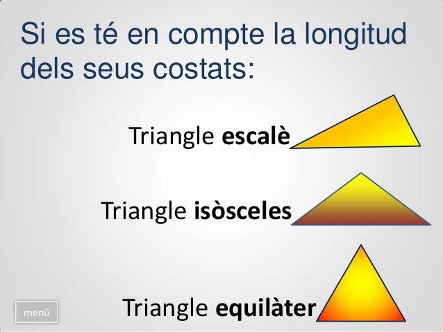 Si es tenen en compte els
seus angles:
menú
Triangle rectangle
Triangle acutangle
Triangle obtusangle
 