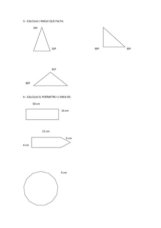 3.- CALCULA L’ANGLE QUE FALTA:
70º

50º

90º

95º

80º

4.- CALCULA EL PERÍMETRE I L’AREA DE:
50 cm
14 cm

15 cm
6 cm
4 cm

9 cm

30º

 