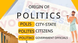 P O L I T I C S
ORIGIN OF
POLIS CITY-STATE
POLITES CITIZENS
POLITIKO
S
GOVERNMENT OFFICIALS
 