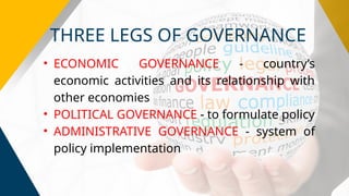 • ECONOMIC GOVERNANCE - country’s
economic activities and its relationship with
other economies
• POLITICAL GOVERNANCE - to formulate policy
• ADMINISTRATIVE GOVERNANCE - system of
policy implementation
THREE LEGS OF GOVERNANCE
 