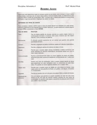 Disciplina: Informática I                    Profª: Micheli Wink
                            Resumo: Access




                                                              5
 