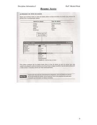 Disciplina: Informática I                    Profª: Micheli Wink
                            Resumo: Access




                                                              6
 