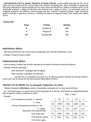 - Heritroblastose Fetal ou Doença Hemolítica do Recém Nascido: ocorre quando uma mãe com Rh- que já
tenha tido uma criança com Rh+ (ou que tenha tido contacto com sangue Rh+, numa transfusão de sangue que
não tenha respeitado as regras devidas) dá à luz uma criança com Rh positivo. Depois do primeiro parto, ou da
transfusão acidental, o sangue da mãe entra em contacto com o sangue do feto e cria anticorpos contra os
antígenos presentes nas hemácias caracterizadas pelo Rh+. Durante a segunda gravidez, esses anticorpos
podem atravessar a placenta e provocar a hemólise do sangue da segunda criança. Esta reação nem sempre
ocorre.
-Sistema MN:
PENETRÂNCIA GÊNICA
- São alelos dominantes, que a maior parte da população tem, mas não apresentam o traço.
- Exemplo: Polidactilia (sexto dedo)
EXPRESSIVIDADE GÊNICA
- Ocorre quando o mesmo tipo de alelo expressa-se de maneira diferente em seus portadores.
- Exemplo: cães da raça Beagle
Alelo dominante: S (pelagem não-variegada)
Alelo recessivo: s (pelagem com manchas)
- Os cães SS ou Ss possuem uma única cor; os cães ss possuem manchas de diversas formas e
cores e por isso diz-se que ele tem uma expressividade gênica variável.
SEGUNDA LEI DE MENDEL (Lei da Segregação Independente dos Genes)
- Também chamada de diibridismo, estuda a transmissão combinada de 2 ou mais características.
- Lei: “Os fatores para 2 ou mais características segregam-se no híbrido, distribuindo-se independentemente
para os gametas, onde se combinam ao acaso.”
- Exemplo:
Cor da semente da ervilha: V = amarela
v = verde
Textura da semente da ervilha: R = lisa
r = rugosa
Grupo Fenótipo Genótipo
M Antígeno M MM
N Antígeno N NN
MN Antígeno MN MN
VvRr X VvRr
VR Vr vR vr
VR
Vr
vR
vr
VVRR VVRr VvRR VvRr
VVRr VvrrVVrr VvRr
VvRR VvRr vvRR vvRr
VvRr Vvrr vvRr vvrr
Resultado: 9/16 amarela-lisas
3/16 verde-lisas
3/16 amarela-rugosas
1/16 verde-rugosa
 
