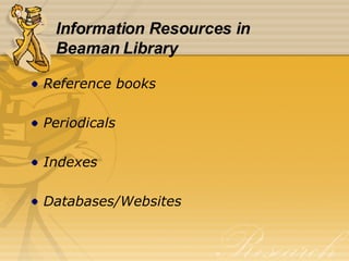 Information Resources in  Beaman Library Reference books Periodicals Indexes Databases/Websites 