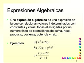 1
Expresiones Algebraicas
• Una expresión algebraica es una expresión en
la que se relacionan valores indeterminados con
constantes y cifras, todas ellas ligadas por un
número finito de operaciones de suma, resta,
producto, cociente, potencia y raíz.
• Ejemplos
1
2.
)
2)
2)
2
32
2




x
xyx
c
xyxb
xyxa
 