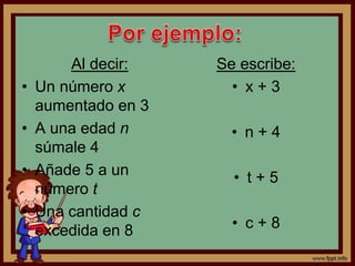 Al decir:
• Un número x
aumentado en 3
• A una edad n
súmale 4
• Añade 5 a un
número t
• Una cantidad c
excedida en 8
Se escribe:
• x + 3
• n + 4
• t + 5
• c + 8
 