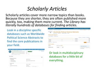 Scholarly Articles
Scholarly articles cover more narrow topics than books.
Because they are shorter, they are often published more
quickly, too, making them more current. The Library has
literally hundreds of databases for finding articles.
Look in a discipline specific
databases such as Worldwide
Political Science Abstracts to
find the core publications in
your field.
Or look in multidisciplinary
databases for a little bit of
everything.
 