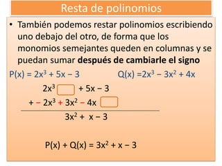 Resta de polinomios
• También podemos restar polinomios escribiendo
uno debajo del otro, de forma que los
monomios semejantes queden en columnas y se
puedan sumar después de cambiarle el signo
P(x) = 2x3 + 5x − 3 Q(x) =2x3 − 3x2 + 4x
2x3 + 5x − 3
+ − 2x3 + 3x2 − 4x
3x2 + x − 3
P(x) + Q(x) = 3x2 + x − 3
 