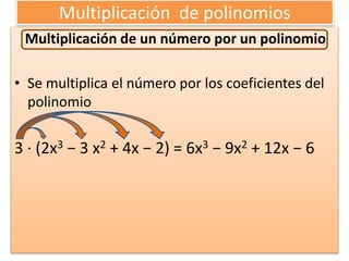 Multiplicación de polinomios
Multiplicación de un número por un polinomio
• Se multiplica el número por los coeficientes del
polinomio
3 · (2x3 − 3 x2 + 4x − 2) = 6x3 − 9x2 + 12x − 6
 