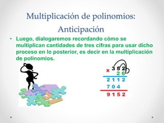 Multiplicación de polinomios:
Anticipación
• Luego, dialogaremos recordando cómo se
multiplican cantidades de tres cifras para usar dicho
proceso en lo posterior, es decir en la multiplicación
de polinomios.
 