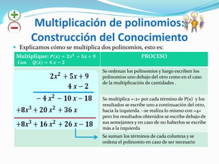 Multiplicación de polinomios:
Construcción del Conocimiento
 Explicamos cómo se multiplica dos polinomios, esto es:
Multiplique: 𝑷 𝒙 = 𝟐𝒙 𝟐
+ 𝟓𝒙 + 𝟗
Con 𝑸 𝒙 = 𝟒 𝒙 − 𝟐
PROCESO
Se ordenan los polinomios y luego escriben los
polinomios uno debajo del otro como en el caso
de la multiplicación de cantidades .
Se multiplica «-2» por cada término de P(x) y los
resultados se escribe uno a continuación del otro,
hacia la izquierda. –se realiza lo mismo con «4»
pero los resultados obtenidos se escribe debajo de
sus semejantes y en caso de no haberlos se escribe
más a la izquierda
Se suman los términos de cada columna y se
ordena el polinomio en caso de ser necesario
 