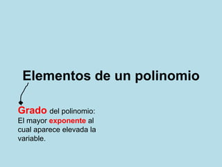 Elementos de un polinomio
Grado del polinomio:
El mayor exponente al
cual aparece elevada la
variable.
 