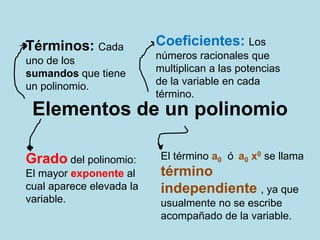 Elementos de un polinomio
Coeficientes: Los
números racionales que
multiplican a las potencias
de la variable en cada
término.
Grado del polinomio:
El mayor exponente al
cual aparece elevada la
variable.
El término a0 ó a0 x0 se llama
término
independiente , ya que
usualmente no se escribe
acompañado de la variable.
Términos: Cada
uno de los
sumandos que tiene
un polinomio.
 