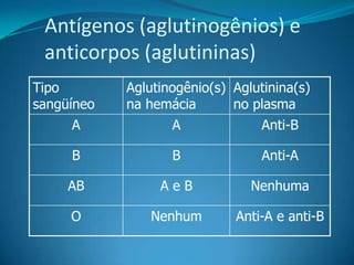 Antígenos (aglutinogênios) e
anticorpos (aglutininas)
Tipo
sangüíneo
Aglutinogênio(s)
na hemácia
Aglutinina(s)
no plasma
A A Anti-B
B B Anti-A
AB A e B Nenhuma
O Nenhum Anti-A e anti-B
 