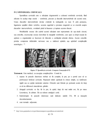 42 / 79
IV.3 SPONDILOZA CERVICALĂ
Spondiloza cervicală este o afecţiune degenerativă a coloanei vertebrale cervicale, fiind
afectate în acelaşi timp oasele – vertebrele, precum şi discurile intervertebrale ale acestei zone.
Uzura discurilor intervertebrale devine evidentă la radiografia cu raze X prin pensarea,
îngustarea spaţiilor dintre vertebre, aceasta sugerând o presiune exagerată ce se exercită asupra
discurilor intervertebrale, evoluând până la fisurarea şi ruptura acestor discuri.
Modificările osoase din cadrul acestei afecţiuni sunt reprezentate de aşa-zisele ciocuri,
sau osteofite, excrescenţe osoase dezvoltate la marginile vertebrelor, care apar ca drept reacţie de
apărare a organismului ca încercare de înlocuire a cartilajului articular distrus. Aceste osteofite
produc compresia rădăcinilor nervoase sau a măduvei spinării, aşa apărând complicaţiile
neurologice. 41
Figura 37 Spondiloză cervicală - Computer Tomografia (CT)
Tratament. Este medical, cu excepţia complicațiilor. Constă în:
1. repaus: în puseele dureroase trebuie să fie complet, la pat, pe o pernă care să se
potrivească lordozei cervicale. Repausul relativ apelează la orteze simple, cu ranforsare
rigidă sau cu sprijin mentonier anterior. Ortezele sunt folosite pe perioade scurte de timp
ca să nu slăbească musculatura gâtului.
2. elongații cervicale: se fac fie la pat, în spital, timp de mai multe ore, fie pe masa
Lavernieux, în cabinet. Ele au valoare antalgică certă.
3. kinetoterapie: în puseele dureroase sunt indicate: undele US, IR și masajele
decontracturante.
4. cure termale: adjuvante.
41 http://www.gorjexclusiv.ro/sport/kinetoterapia-in-spondiloza-cervicala.html.
 