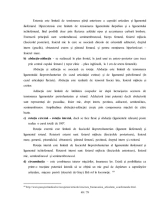 49 / 79
Extensia este limitată de tensionarea părţii anterioare a capsulei articulare şi ligamentul
iliofemural. Hiperextensia este limitată de tensionarea ligamentului iliopubian şi a ligamentului
ischiofemural, fiind posibilă doar prin flectarea şoldului opus şi accentuarea curburii lombare.
Extensorii principali sunt: semitendinosul, semimembranosul, biceps femural, fesierul mijlociu
(fascicolul posterior), fesierul mic la care se asociază dincolo de orizontală adductori, dreptul
intern (gracilis), obturatorul extern şi pătratul femural, şi pentru menţinerea hiperlordozei –
fesierul mare.
b) abducţia-adducţia - se realizează în plan frontal, în jurul unui ax antero-posterior care trece
prin centrul capului femural ( reper clinic – plica inghinală, la 1 cm de artera femurală).
Abducţia şi adducţia se asociază cu rotaţie. Abducţia este limitată de tensionarea
ligamentului iliopretrohanterian (în cazul articulaţiei extinse) şi de ligamentul pubofemural (în
cazul articulaţiei flectate). Abducţia este realizată de tensorul fasciei lata, fesierul mijlociu şi
croitor.
Adducţia este limitată de întâlnirea coapselor iar după încrucişarea acestora de
tensionarea ligamentelor pretrohanterian şi rotund. Adductorii (mai puternici decât abductorii)
sunt reprezentaţi de: psoasiliac, fesier mic, drept intern, pectineu, adductori, semitendinos,
semimembranos. Amplitudinea abducţiei-adducţiei creşte prin compensarea mişcării de către
bazin.
c) rotaţia externă - rotaţia internă, dacă se face flexie şi abducţie (ligamentele relaxate) poate
realiza o cursă totală de 100º.
Rotaţia externă este limitată de fascicolul iliopretrohanterian (ligament iliofemural) şi
ligamentul rotund. Rotatorii externi sunt: fesierul mijlociu (fascicolele posterioare), fesierul
mare, gemenii, piramidalul, obturatorii, pătratul femural, pectineul, dreptul intern şi croitorul.
Rotaţia internă este limitată de fascicolul iliopretrohanterian al ligamentului iliofemural şi
ligamentul ischiofemural. Rotatorii interni sunt: fesierul mijlociu (fascicolele anterioare), fesierul
mic, semitendinosul şi semimembranosul.
d) circumducţia – este combinarea tuturor mişcărilor, însumarea lor. Există şi posibilitatea ca
printr-o tracţiune puternică laterală să se obţină un mic grad de depărtare a suprafeţelor
articulare, mişcare pasivă (descrisă de Gray) fără rol în locomoţie. 49
49 http://www.pansportmedical.ro/recuperare/articole/structura_biomecanica_articulatie_coxofemurala.html.
 