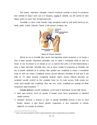 55 / 79
Prin urmare, majoritatea chirurgilor ortopezi avertizează pacienţii cu privire la practicarea
unor activităţi de impact mare cum ar fi alergarea, jogging-ul, săriturile, sau alte sporturi de mare
impact pentru tot restul vieţii de după intervenţie.
Activităţile cu efecte realist benefice după artroplastia totală de şold includ mersul pe jos,
înotul, golful, şofatul, ciclismul, dansul, şi alte sporturi cu impact mic.
Figura 44 Proteza cimentată
Mersul pe jos şi exerciţiile fizice uşoare sunt importante pentru recuperare şi vor începe a
doua zi după operaţie. Majoritatea pacienţilor care au suferit o artroplastie totală de şold vor
începe să stea în picioare şi să meargă pe jos cu ajutorul unui cadru şi al unui kinetoterapeut a
doua zi după intervenţie. Exerciţiile fizice sunt un factor esenţial în recuperarea la domiciliu, mai
ales în primele săptămâni de la operaţie. Rata apariţiei unor complicaţii ca urmare a artroplastiei
totale de şold este redusă. Complicaţii serioase precum infectarea articulaţiei de şold apar la mai
puţin de 2% dintre pacienţi. Complicaţii medicale majore precum infarctul miocardic sau
accidentul vascular cerebral au fost semnalate foarte rar. Cu toate acestea, bolile cronice pot
creşte riscul apariţiei unor complicaţii. Deşi sunt rare, aceste complicaţii pot prelungi sau limita
recuperarea după artroplastie. 53
Luxaţia protezei. Această complicaţie severă poate fi determinată de mai mulţi factori:
 după tipul protezei, riscul de apariţie al luxaţiei creşte invers proporţional cu diametrul
capului protezei;
 orientarea incorectă a protezei va duce la apariţia instabilităţii protezei şi deci la riscul
luxaţiei; alezarea şi apoi fixarea pieselor componente se face respectând cu stricteţe
unghiurile lor normale de orientare;
53 http://www.doctorortoped.ro/sold-si-coapsa/tratamente/sold-si-coapsa/proteza-de-sold.html.
 