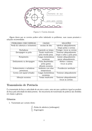 Figura 5: Correia dentada
Alguns danos que as correias podem sofrer tabelando os problemas, suas causas prováveis e
soluções recomendadas.
PROBLEMAS COM CORREIAS CAUSAS SOLUÇÕES
Perda da cobertura e inchamento excesso de óleo lubricar adequadamente,
limpar polias e correias
Rachaduras Exposição ao tempo. Proteger, trocar as correias
Derrapagem na polia Tensão insuciente; Tensionar adequadamente;
polia movida presa. limpar e soltar a polia presa
Rompimento Cargas momentâneas Instalar adequadamente;
excessivas. operar adequadamente.
Deslizamento ou derrapagem Polias desalinhadas; Alinhar o sistema;
polias gastas; trocar as polias
vibração excessiva.
Endurecimento e rachaduras Ambiente com altas Providenciar ventilação
prematuras temperaturas.
Correia com squeal (chiado) Cargas momentâneas Tensionar adequadamente
excessivas.
Vibração excessiva Tensão insuciente Tensionar adequadamente;
trocar as correias.
Transmissão de Potência
É a transmissão de força e velocidade de um eixo a outro, uma vez que a potência é igual ao produto
da força pela velocidade de deslocamento. Os mecanismos de transmissão de potência são divididos
em classes e gêneros.
Gêneros
1. Transmissão por contato direto:
{
−Rodas de aderência (embreagem)
−Engrenagens
4
 