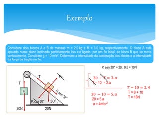 Exemplo 
Considere dois blocos A e B de massas m = 2,0 kg e M = 3,0 kg, respectivamente. O bloco A está 
apoiado numa plano inclinado perfeitamente liso e é ligado, por um fio ideal, ao bloco B que se move 
verticalmente. Considere g = 10 m/s2. Determine a intensidade da aceleração dos blocos e a intensidade 
da força de tração no fio. 
T 
T FN 
P. cos 30° 
30N 20N 
P. sen 30° = 20 . 0,5 = 10N 
30 − 푇 = 3. 푎 
T – 10 = 2.a 
30 − 10 = 5. 푎 
20 = 5.a 
a = 4m/푠2 
푇 − 10 = 2. 4 
T = 8 + 10 
T = 18N 
 